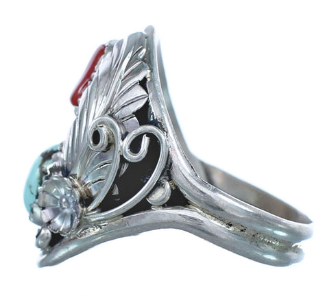 Authentic Sterling Silver Navajo Turquoise Coral Leaf Design Ring Size 11 AX122088